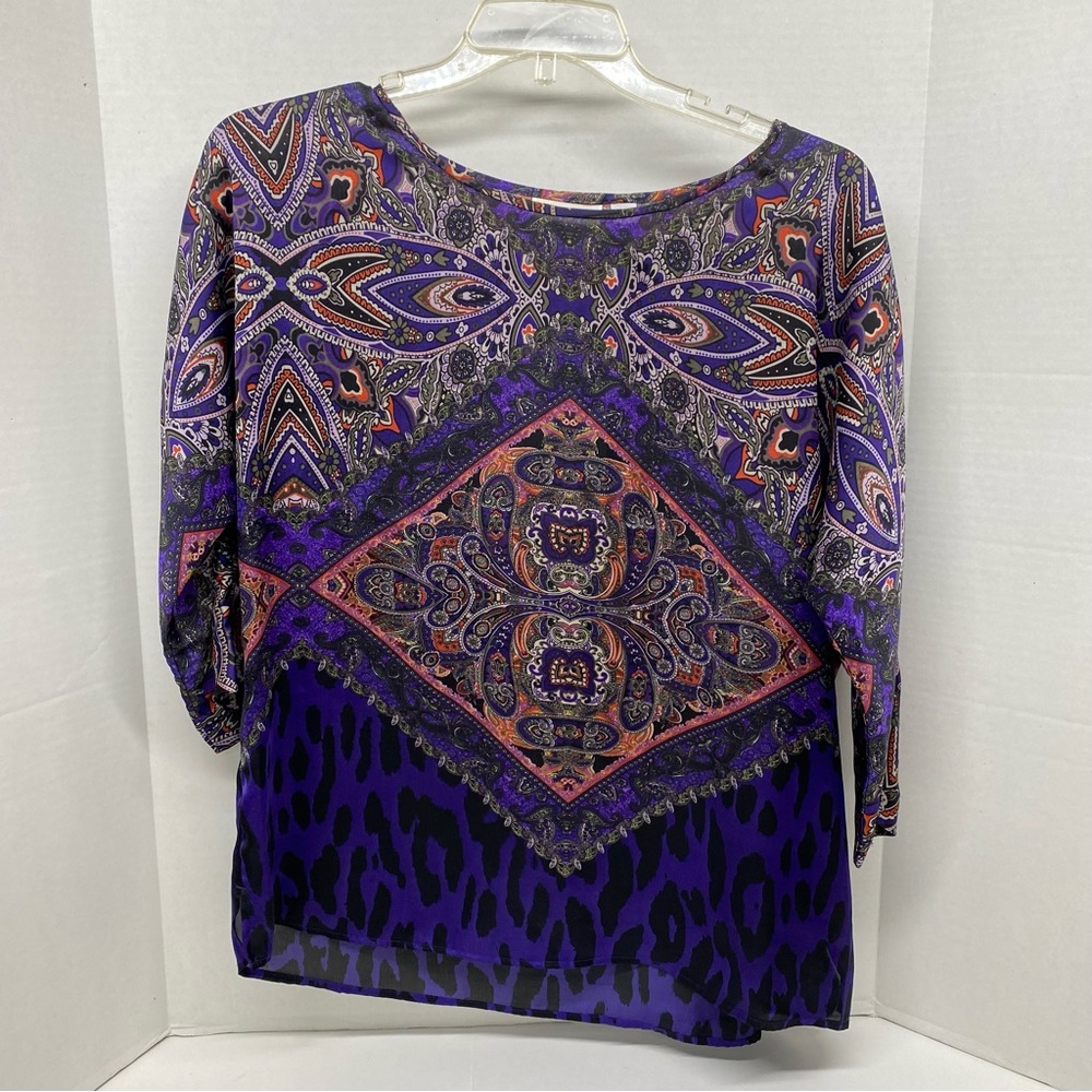 Chicos Silky Satin Purple Paisley Pullover Top Size 2 Round Neck 100% Polyester